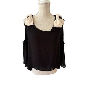 EDWARD ACHOUR PARIS‎ Black Chiffon Cold Shoulder Bow Blouse Talle 40/L